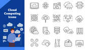 Cloud Computing Icons with servers, cloud uploads, gears, chipsets, and hosting tools in a clean layout.