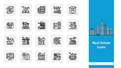 Real Estate Icons set with house, map, contract, key, rent, and city symbols on gray tiles and blue panel.