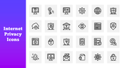 Internet Privacy Icons: locks, shields, bugs on white tiles, purple gradient side panel with white text.