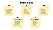 Free Sticky Notes template showing yellow paper notes with red pushpins and bold black headers.