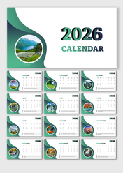 Calendar 2026 template with 12 months, nature photos, green gradient shapes, text boxes, and date grids.