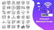 Internet Network Icons with servers, cloud, VPN, WiFi, circuits on purple gradient slide with text box.