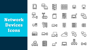Network Devices Icons showing servers, routers, laptops, cloud in black line style with blue text holder.