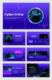 Cyber Crime slides with hacker visuals, lock icons, causes, impacts, and real-world cases in purple theme.