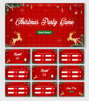 Christmas Party Game slides with red festive background, reindeer, Santa, ornaments, and trivia quiz rounds.