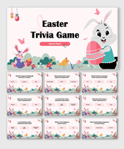 Easter Trivia Game with bunny, eggs, chicks, butterflies, and pink festive slides for holiday fun.