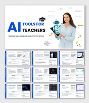 AI Tools For Teachers slides with robot, woman, blue-white theme, tool names, icons, features, pros and cons.