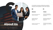 About Us slide featuring a red sports car in the background, a dark overlay with text, and social media icons at the bottom.