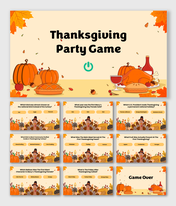 Thanksgiving Party Game slides with turkey, pumpkins, pies, quiz questions, fall leaves, and festive colors.
