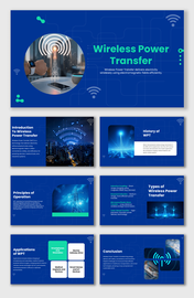 Wireless Power Transfer slides with blue theme, towers, devices, icons, charts, squares, shapes, and text holders.