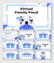 Virtual Family Feud PPT in blue-white theme with quiz rounds, Q&A, instructions, game over, icons, and video call.