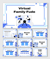 Virtual Family Fude PPT in blue-white theme with quiz rounds, Q&A, instructions, game over, icons, and video call.