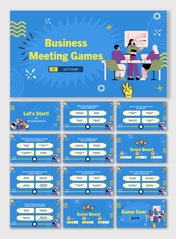 Business Meeting Games slides with blue theme, Q and A, charts, icons, scoreboards, shapes, visuals, and text holders.