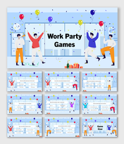 Work Party Games slides with blue theme, balloons, confetti, dancing people, Q&A blocks, shapes, and text holders.