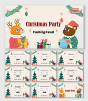 Christmas Party Family Feud slides with festive theme, reindeer, bear, gifts, trees, ornaments, Q&A, and text holders.