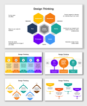 Design Thinking slides with colorful stages, hexagons, flowcharts, icons, shapes, and structured text holders.