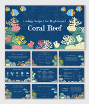 Biology Subject For High School Coral Reef slides with ocean theme, corals, fish, habitats, charts, Qand A, text holders.