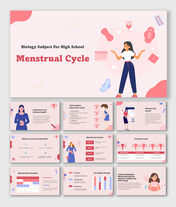 Biology Subject For High School Menstrual Cycle slides with uterus diagrams, charts, calendar, and text holders.