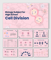 Biology Subject For High School Cell Division slides with mitosis diagrams, chromosomes, and text holders.