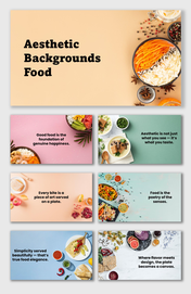 Aesthetic Backgrounds Food with colorful plates, fruits, and salads on pastel tones for stylish food presentation slides.