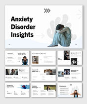 Anxiety Disorder Insights with sad woman, gray-white theme, text boxes, and therapy-related visuals.