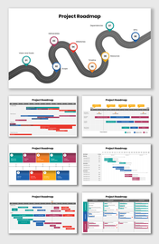 Project Roadmap PowerPoint with curved path, milestones, timeline charts, and colorful data visuals.