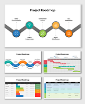 Project Roadmap Template PowerPoint showing planning, strategy, testing, and launch stages with timeline visuals.