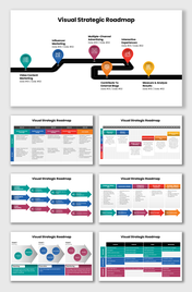 Visual strategic roadmap with timelines, goals, phases, arrows, and milestones outlining marketing and business plans.