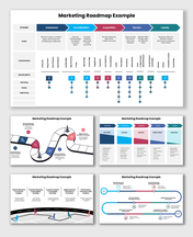 Marketing Roadmap Example with stages, steps, touchpoints, and colored arrows showing awareness to loyalty flow.