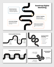 Roadmap Digital Marketing with curved path, showing branding, content strategy, targeting, conversion, and analytics steps.