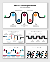 Process Roadmap Examples with winding paths, icons, and phased steps for research, design, development, launch.
