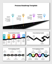 Process Roadmap Template Free with curved road, colorful steps, icons, and labeled phases from research to development.