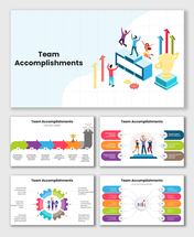 Team Accomplishments slide with trophy, arrows, teamwork graphics, milestones, and colorful progress elements.
