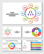 Team Accomplishments Examples slide with icons, team graphic, and colorful milestone circles showcasing success.