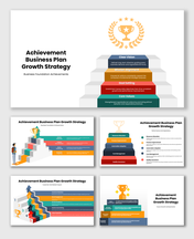 Achievement Business Plan Growth Strategy showing growth steps, goals, mission alignment, core values, and success metrics.