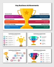 Key Business Achievements with trophy graphics and points highlighting revenue growth, customer satisfaction, and team 