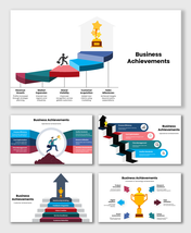 Business achievements PPT template showing growth steps, operational milestones, customer success, and innovation wins.