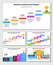 Business achievement awards template showing growth steps, leadership excellence, innovation wins, and customer impact.