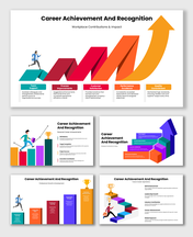 Career achievement and recognition steps showing support, improvements, customer satisfaction, excellence, quality growth.