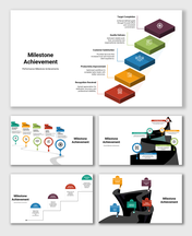 Milestone achievement slides illustrating target completion, customer satisfaction, and productivity improvement.