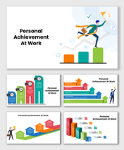 Personal achievement at work with a person climbing bar charts, reaching a flag to show growth, skills, and success.