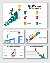 List of personal achievements with a woman climbing success steps toward a trophy and icons showing skills, projects.