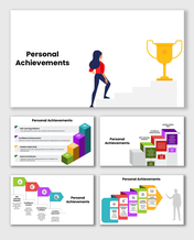 Personal achievements PPT showing steps of growth, confidence, habits, and goals illustrated with charts and icons.