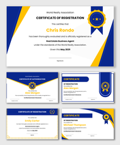 Business registration certificate with blue and yellow design, badge emblem, name area, title, date, and signature fields.
