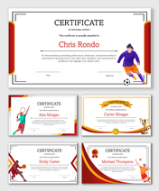 National Sports Certificate set with athlete illustrations, red-gold borders, award badges, and signature fields.