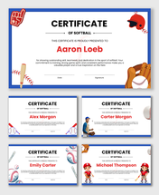 Softball Certificates with bats, balls, gloves, helmets, player graphics, blue borders, and date and signature fields.