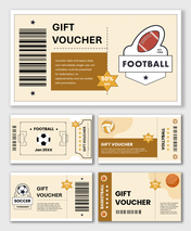 Sports gift vouchers with football, soccer, volleyball, basketball icons, barcodes, discount labels, and ticket designs.
