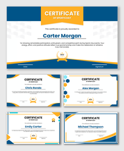 Sports Day certificates with blue and yellow designs, geometric shapes, award badges, name fields, date and signature areas.