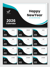 Yearly Calendar 2026 with modern black and teal wave design, monthly grids, bold headings, and a Happy New Year cover layout.