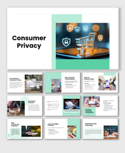 Consumer Privacy Act presentation showing data protection, online shopping privacy icons, consent, and security topics.